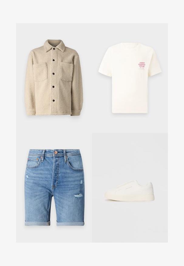 Šviesiai rudas, vilnos pamušalu striukė su apykakle, dviem priekinėm kišenėm ir juodais sagomis. Teksūruotas audinys su matomais siuvimo detalėmis.; Balta trumpa rankovėmis marškinėliai su raudonu užrašu "Studio Originals Edition" kairiajame krūtinės šone, rodomi neutralioje pilkoje aplinkoje.; Šviesiai mėlyni džinsinio audinio šortai su nusidėvėjimo detalėmis, apvyniotais kraštais, penkiomis kišenėmis ir mygtuko uždarymu. Pagaminti iš minkštos, kvėpuojančios medžiagos.; Baltos slip-on sportbačiai su tekstūruota paviršiumi, storesniu padu ir minimalistišku dizainu. Šone matosi prekės ženklo logotipas.