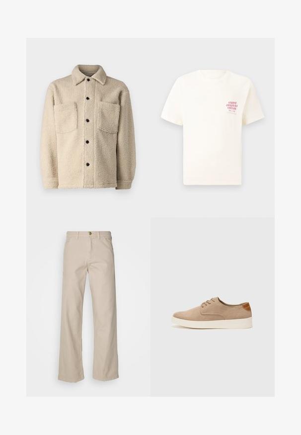 Beige bunda s fleecovou podšívkou, s límcem, dvěma předními kapsami a černými knoflíky. Texturovaná látka s viditelným prošíváním.; Bílý krátký rukávový tričko s červeným textem "Studio Originals Edition" na levé hrudi, vystavené na neutrálním šedém pozadí.; Béžové bavlněné kalhoty širokého střihu s pěti kapsami, zapínáním na knoflík a poutky na opasek; hladká textura se rovný střih a lem.; Béžové semišové tenisky s kulatou špičkou, šněrováním vpředu a texturovaným zadním akcentem. Bílá gumová podrážka poskytuje kontrast. Jednoduchý a moderní design.