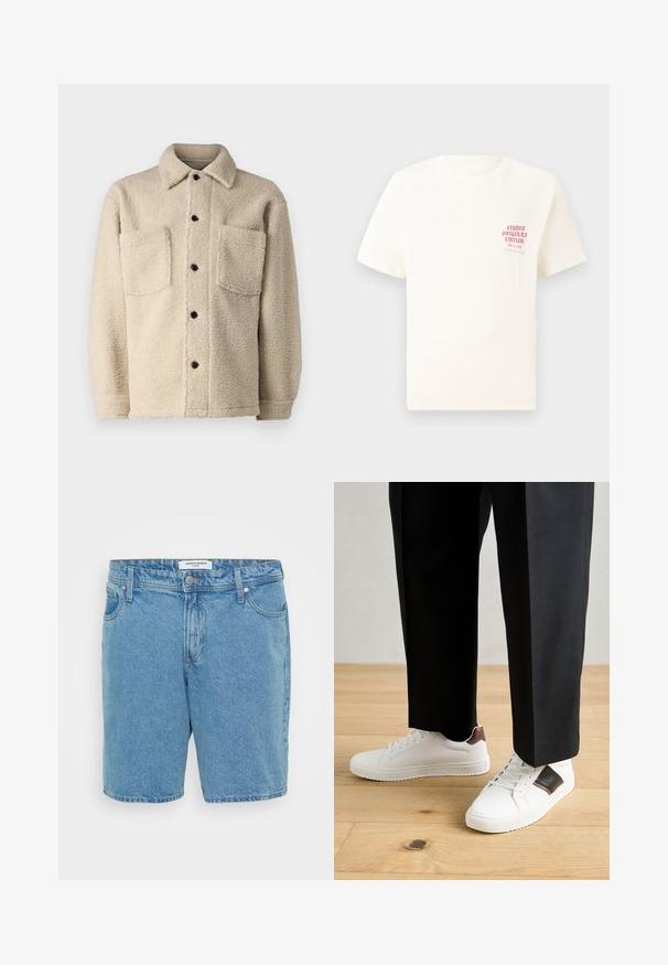 Šviesiai rudas, vilnos pamušalu striukė su apykakle, dviem priekinėm kišenėm ir juodais sagomis. Teksūruotas audinys su matomais siuvimo detalėmis.; Balta trumpa rankovėmis marškinėliai su raudonu užrašu "Studio Originals Edition" kairiajame krūtinės šone, rodomi neutralioje pilkoje aplinkoje.; Šviesiai mėlyni džinsiniai šortai su klasikiniu fasonu. Yra penki kišenės, sagų uždarymas ir subtilus nudilęs tekstūra. Pagaminti iš medvilnės.; Balti sportbačiai su glotnia danga, puošti rudais odiniais akcentais ir juodais detalėmis, derinami su juodais pritaikytais kelnėmis. Medinių grindų fonas.
