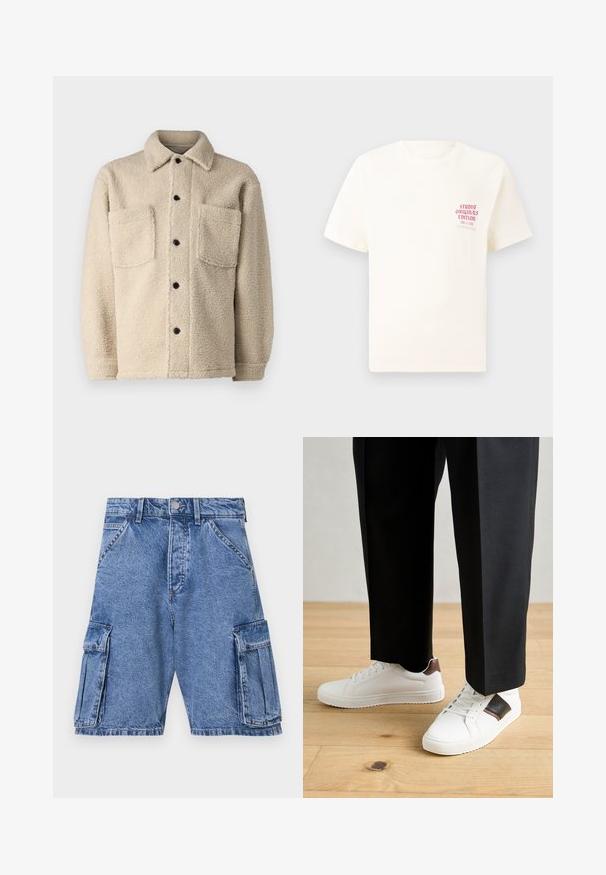 Beige, fleece-sisustettu takki, jossa on kaulus, kaksi etutaskua ja mustat nappikiinnitykset. Teksturoitu kangas näkyvillä ompelutiedoilla.; Valkoinen lyhythihainen t-paita, jossa on punainen teksti "Studio Originals Edition" vasemmalla rinnalla, esitetty neutraalilla harmaalla taustalla.; Sininen farkkukangas cargo-shortsit, joissa on korkea vyötärö, useita cargo-taskuja sivuilla ja klassinen viisi-taskuinen muotoilu. Kivipesuinen tekstuuri.; Valkoiset tennarit, joissa on sileä pinta, ruskealla nahka-akentilla ja mustilla yksityiskohdilla, yhdistetty mustiin räätälöityihin housuihin. Taustalla puulattia.