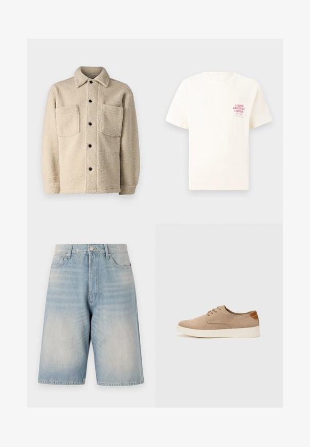Beige, bolyhos bélésű dzseki gallérral, két elülső zsebbel és fekete gombokkal. Texturált anyag, látható varrás részletekkel.; Fehér, rövid ujjú póló, bal mellen piros szöveggel "Studio Originals Edition", semleges szürke háttér előtt.; Világoskék farmer rövidnadrág, laza szabással. Gombos záródással, övhurkokkal és két elülső zsebbel rendelkezik. A textúrája megkopott.; Beige velúr sportcipő, kerek orral, fűzős elülső résszel és textúrált hátsó részlettel. Fehér gumitalp kontrasztot ad. Egyszerű és modern design.