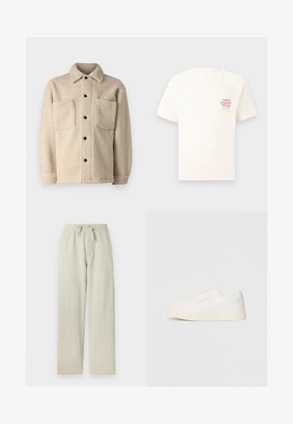 Beige, fleece-lined jacket with a collar, two front pockets, and black button closures. Textured fabric with visible stitching detail.; White short-sleeve T-shirt with red text "Studio Originals Edition" on left chest, displayed on a neutral gray background.; Light grey, wide-leg trousers made of soft, textured fabric. Features an elastic waistband with a drawstring and side pockets.; White slip-on sneakers with a textured surface, a thick sole, and minimalistic design. Features brand logo on the side.