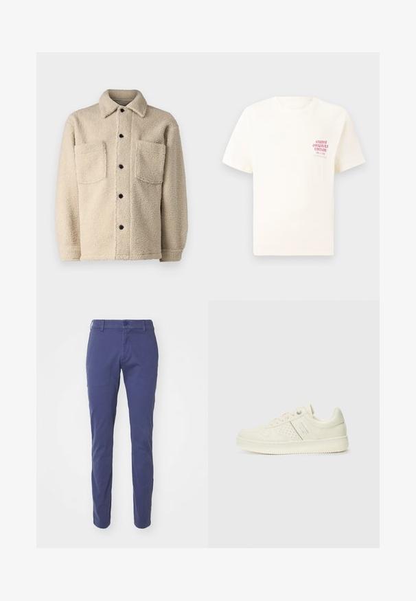 Jachetă bej, căptușită cu fleece, cu guler, două buzunare frontale și închideri cu butoane negre. Material texturat cu detalii de cusătură vizibile.; Tricou alb cu mânecă scurtă, având text roșu "Studio Originals Edition" pe partea stângă a pieptului, expus pe un fundal gri neutru.; Pantaloni bleumarin cu un design slim fit, având închidere cu nasture, bucle pentru curea și o textură de bumbac neted.; Adidași crem cu detalii perforate, șireturi și logo pe lateral, expuși pe un fundal alb simplu.