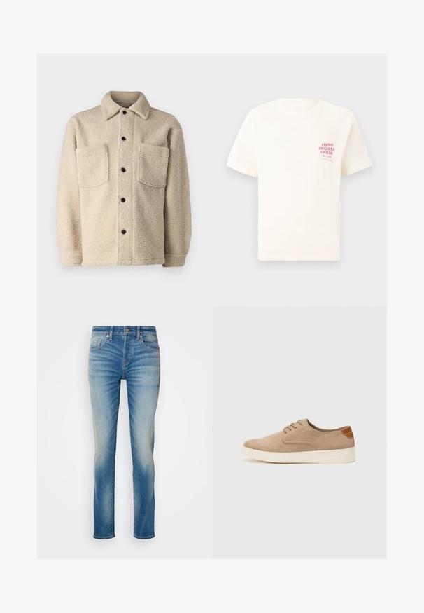 Μπέζ ζακέτα με επένδυση από φλις, κολάρο, δύο μπροστινές τσέπες και μαύρους κουμπιά κλεισίματος. Υφασμάτινη επιφάνεια με ορατές ραφές.; Άσπρη κοντομάνικη μπλούζα με κόκκινο κείμενο "Studio Originals Edition" στο αριστερό στήθος, παρουσιασμένη σε ουδέτερο γκρι φόντο.; Ανοιχτό μπλε τζιν παντελόνι με ίσια εφαρμογή, που διαθέτει πέντε τσέπες και ήπια φθορά στους μηρούς. Κλείσιμο με μεταλλικό κουμπί και φερμουάρ.; Μπεζ σουέντ αθλητικά παπούτσια με στρογγυλή μύτη, κορδόνια και υφή στην πίσω πλευρά. Λευκή καουτσούκ σόλα προσφέρει αντίθεση. Απλός και μοντέρνος σχεδιασμός.