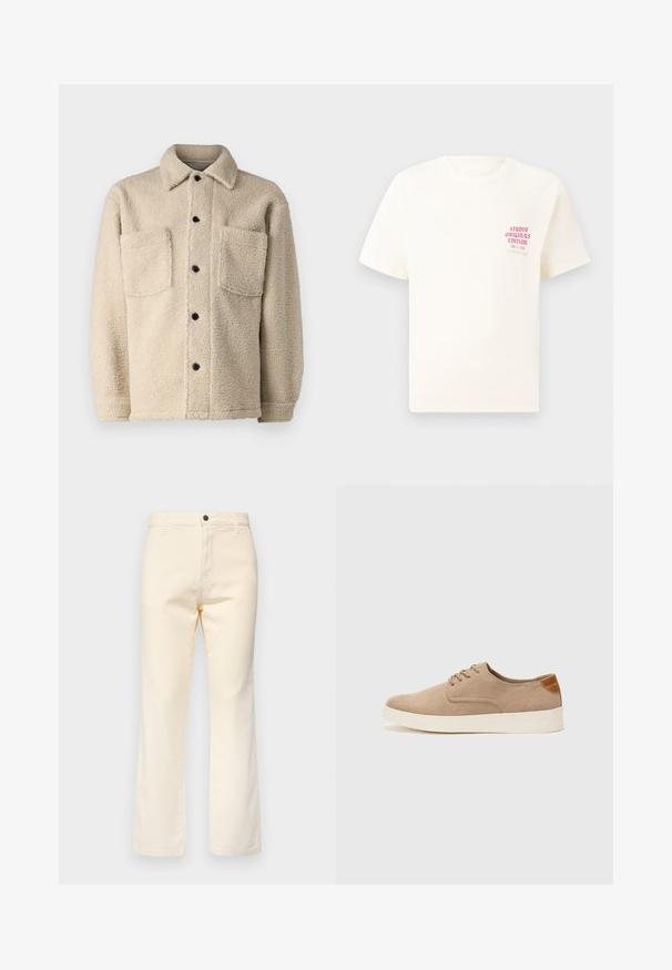 Beige, fleece'iga voodriga jakk, millel on kaelus, kaks esipoolset taskut ja mustad nupud. Tekstureeritud kangas nähtava õmbluse detailiga.; Valge lühikeste varrukatega T-särk, millel on vasakul rinnal punane tekst "Studio Originals Edition", esitatud neutraalsel hallil taustal.; Kreemikaalased puuvillased teksad sirge sääre disainiga, millel on esi-nuppude sulgemine ja tavaline viie tasku stiil.; Beežid nahast tossud ümarate varvastega, paeltega esiosa ja tekstuuriga tagakontuuriga. Valge kummist tallapakkumine loob kontrasti. Lihtne ja kaasaegne disain.