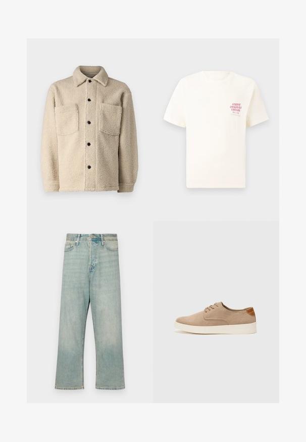 Chaqueta de lana forrada en color beige, con cuello, dos bolsillos frontales y cierres de botón negros. Tejido texturizado con costuras visibles.; Camiseta blanca de manga corta con el texto rojo "Edición de Studio Originals" en el lado izquierdo del pecho, exhibida sobre un fondo gris neutro.; Jeans de mezclilla azul claro con un corte relajado, piernas rectas y un acabado desgastado; cuenta con un cierre clásico de botón y cremallera.; Zapatillas de ante beige con puntera redondeada, cordones en la parte delantera y un acento texturizado en la parte trasera. La suela de goma blanca proporciona contraste. Diseño sencillo y moderno.