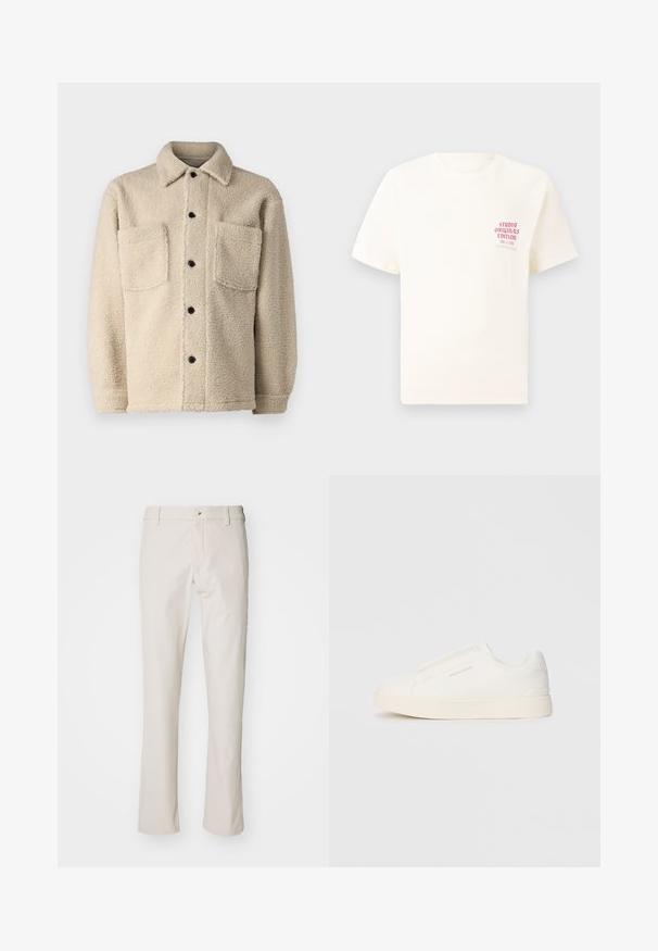Beige, fleeceteppe jakke med krage, to frontlommer og svarte knappefester. Teksturert stoff med synlige sømdetaljer.; Hvit T-skjorte med korte ermer og rød tekst "Studio Originals Edition" på venstre bryst, vist på en nøytral grå bakgrunn.; DOCKERS GO AIRWEAVE - Chinos - sahara khaki; Hvite slip-on joggesko med teksturert overflate, tykk såle og minimalistisk design. Har merkevarelogo på siden.