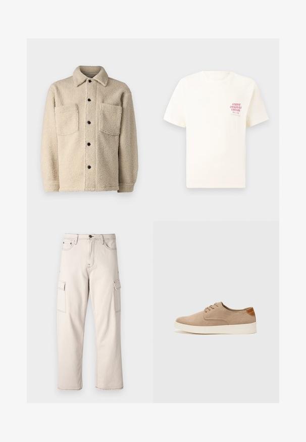 Jachetă bej, căptușită cu fleece, cu guler, două buzunare frontale și închideri cu butoane negre. Material texturat cu detalii de cusătură vizibile.; Tricou alb cu mânecă scurtă, având text roșu "Studio Originals Edition" pe partea stângă a pieptului, expus pe un fundal gri neutru.; Pantaloni cargo bej din bumbac, cu două buzunare laterale, design cu picior drept și detalii de cusătură contrastante.; Tenisi din suede bej cu vârf rotund, sistem de șireturi în față și un accent texturat în spate. Talpa albă din cauciuc oferă un contrast. Design simplu și modern.