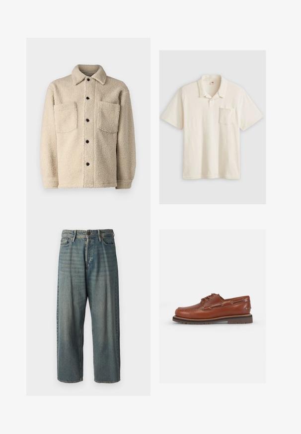 Beige, fleeceteppe jakke med krage, to frontlommer og svarte knappefester. Teksturert stoff med synlige sømdetaljer.; Polo skjorte i off-white, laget av teksturert stoff. Har en krage, tre-knapps placket og en brystlomme på venstre side.; Lyseblå denimjeans med løs passform, midjehøyde og rette ben. Har fem lommer, beltehemper og knappelukking.; Brune lærbåtsko med avrundet tå, snøring og metalløyne. Tekstured såle for grep. Klassisk, uformell stil.