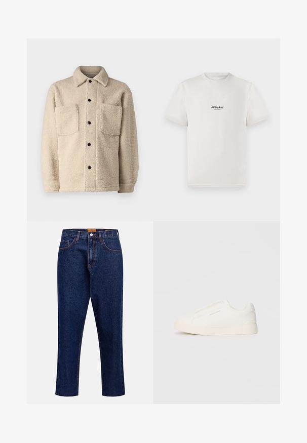 Beige, fleece-lined jacket with a collar, two front pockets, and black button closures. Textured fabric with visible stitching detail.; White cotton t-shirt with short sleeves, featuring a black "JJ Studios" logo on the chest. Crew neck and standard fit design.; Dark blue denim jeans with a straight cut, high waist, five pockets, and frayed hem. Contrast stitching and button closure detail.; White slip-on sneakers with a textured surface, a thick sole, and minimalistic design. Features brand logo on the side.