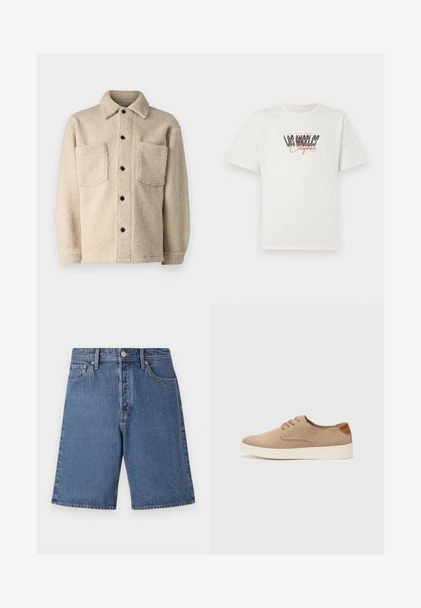 Beige, bolyhos bélésű dzseki gallérral, két elülső zsebbel és fekete gombokkal. Texturált anyag, látható varrás részletekkel.; Fehér pamut póló rövid ujjakkal és kerek nyakkivágással. Black és piros színű "Los Angeles California" grafika díszíti. Egyszerű, laza szabású.; Világoskék farmer sort, fakó textúrával, öt zsebes kialakítással és gombos záródással a deréknál.; Beige velúr sportcipő, kerek orral, fűzős elülső résszel és textúrált hátsó részlettel. Fehér gumitalp kontrasztot ad. Egyszerű és modern design.