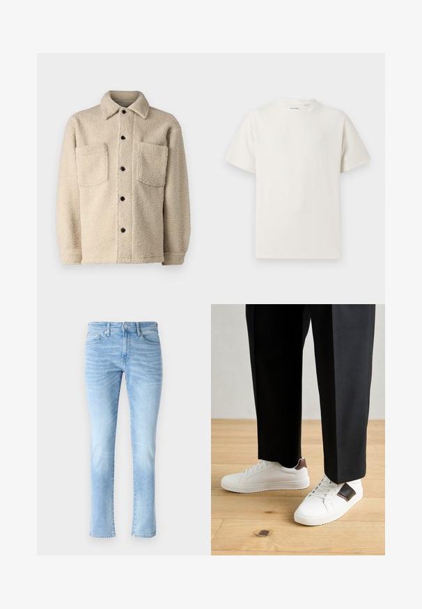 Beige, fleece'iga voodriga jakk, millel on kaelus, kaks esipoolset taskut ja mustad nupud. Tekstureeritud kangas nähtava õmbluse detailiga.; Valge lühikeste varrukatega T-särk ribakudumises. Ümar kaelus, mugav lõige, nähtavad mustrid ega aksessuaarid puuduvad. Lihtne ja mitmekesine disain.; Heledad sinine teksapüksid kitsas lõikega, viie tasku kujundusega ja peente fadeeritud detailidega, klassikalise sirge sääre lõike ja nööbiga kinnitusega.; Valged sneakersid siledat tekstuurist, millel on pruunad nahast detailid ja mustad aksessuaarid, millele on sobitatud mustad kohandatud püksid. Puitpõranda taust.