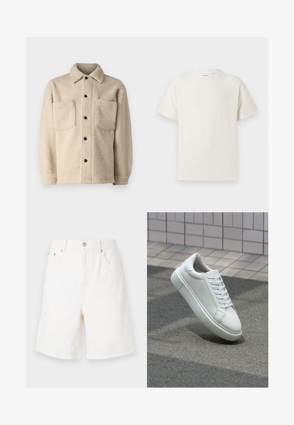 Béžová bunda z fleecu s podšívkou, s golierom, dvoma prednými vreckami a čiernymi gombíkmi na zapínanie. Textúrovaná tkanina s viditeľnými stehovými detailami.; Biela krátka tričko s krátkym rukávom so žebrovanou textúrou. Okrúhly výstrih, uvoľnený strih, žiadne viditeľné vzory ani akcenty. Jednoduchý a všestranný dizajn.; Biele džínsy šortky s rovného strihu, piatimi vreckami a strieborným zapínaním. Majú pevnú textúru a obrúbené okraje.; Biele kožené tenisky s hladkým povrchom, okrúhlym špičkou a plochými bielymi šnúrkami. Obsahuje štruktúrovanú gumovú podrážku a minimalistický dizajn.