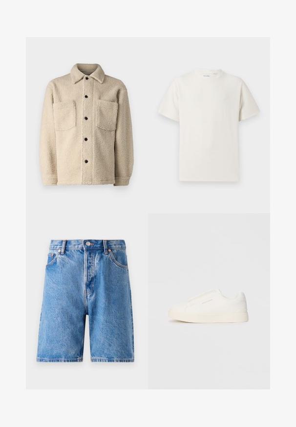 Beige, fleecegefütterte Jacke mit Kragen, zwei Fronttaschen und schwarzen Knöpfen. Texturiertes Material mit sichtbaren Nähten.; Weißes T-Shirt mit kurzen Ärmeln in gerippter Textur. Runder Ausschnitt, lockere Passform, keine sichtbaren Muster oder Akzente. Einfaches und vielseitiges Design.; Hellblaue Denim-Shorts mit einem ausgewaschenen Look. Merkmale ein klassisches Fünf-Taschen-Design, Knopfverschluss und Nieten in Kupferfarbe.; Weiße Slip-On-Sneaker mit einer strukturierten Oberfläche, dicker Sohle und minimalistischem Design. Mit Logo der Marke an der Seite.