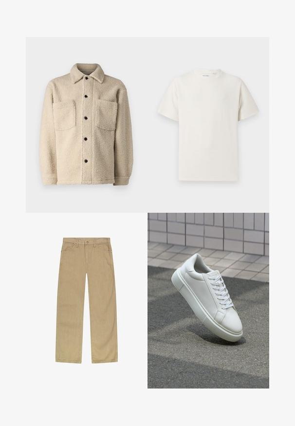 Beige, fleece-lined jacket with a collar, two front pockets, and black button closures. Textured fabric with visible stitching detail.; White short-sleeve T-shirt in a ribbed texture. Round neckline, relaxed fit, no visible patterns or accents. Simple and versatile design.; Beige cotton twill pants with a straight leg design, five pockets, front button closure, and copper-tone rivets for durability.; White leather sneaker with a smooth surface, round toe, and flat white laces. Features a textured rubber sole and minimal design elements.