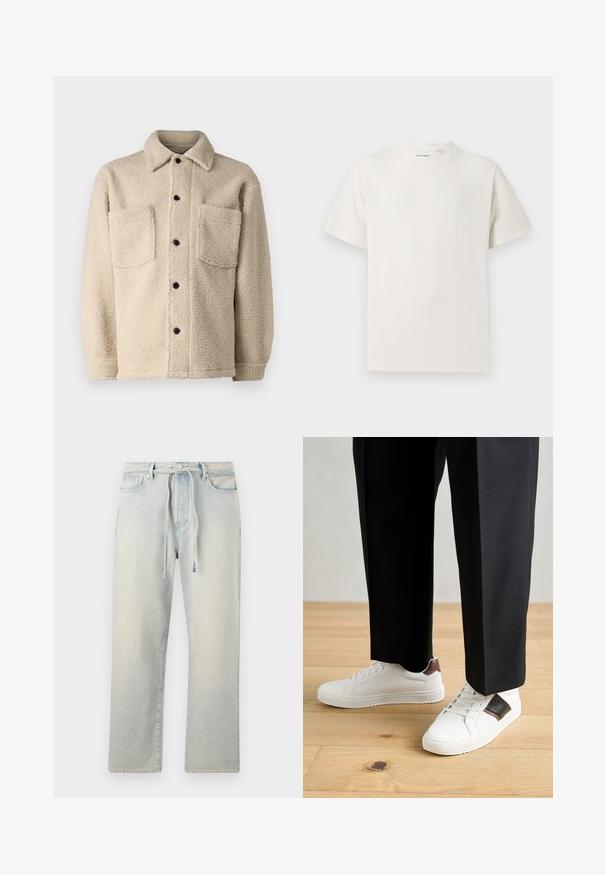 Šviesiai rudas, vilnos pamušalu striukė su apykakle, dviem priekinėm kišenėm ir juodais sagomis. Teksūruotas audinys su matomais siuvimo detalėmis.; Balta trumpa rankovė T-polo marškinėlių su juostelėmis tekstūra. Apvalus iškirpimas, laisvas fasonas, jokių matomų raštų ar akcentų. Paprastas ir universalus dizainas.; Šviesiai mėlynos džinsinės kelnės su laisvu kirpimu, reguliuojamu juosmens dirželiu, švelniu nublukusiu tekstūra ir tiesiomis kojomis. Yra klasikinių kišenių ir siuvinėjimo detalės.; Balti sportbačiai su glotnia danga, puošti rudais odiniais akcentais ir juodais detalėmis, derinami su juodais pritaikytais kelnėmis. Medinių grindų fonas.