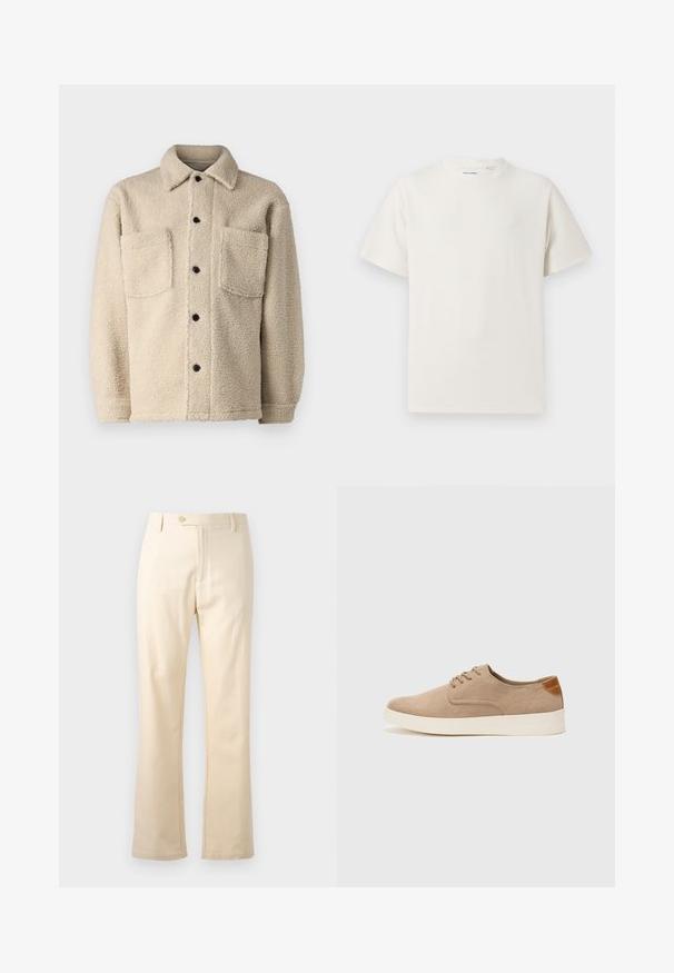 Beige, fleece-lined jacket with a collar, two front pockets, and black button closures. Textured fabric with visible stitching detail.; White short-sleeve T-shirt in a ribbed texture. Round neckline, relaxed fit, no visible patterns or accents. Simple and versatile design.; Beige cotton trousers with a straight fit, zip fly, and button closure. Clean design with no visible patterns or hardware accents.; Beige suede sneakers with a rounded toe, lace-up front, and a textured back accent. White rubber sole provides contrast. Simple and modern design.