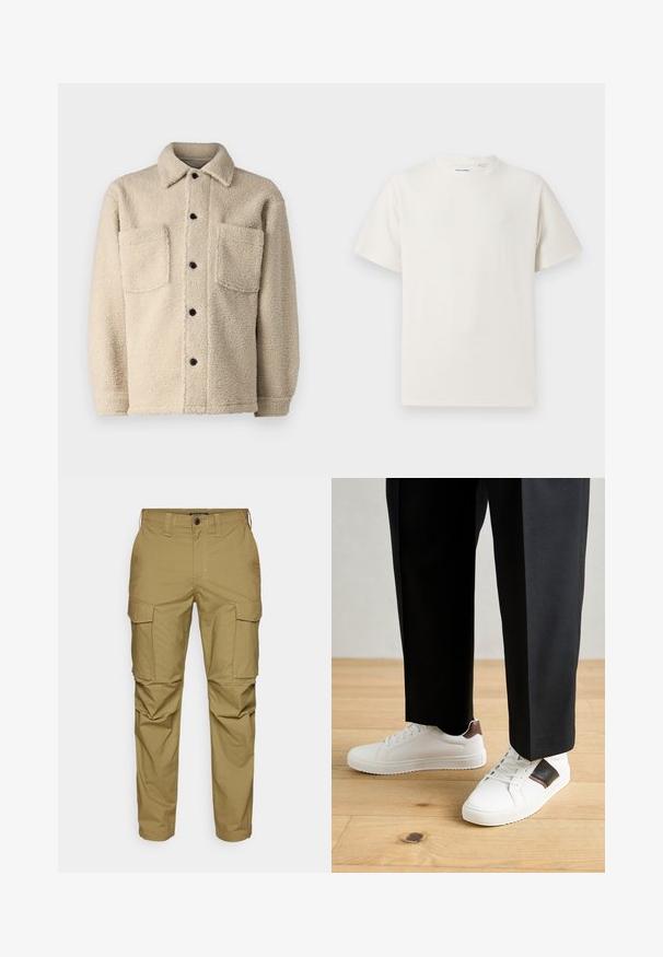 Béžová bunda z fleecu s podšívkou, s golierom, dvoma prednými vreckami a čiernymi gombíkmi na zapínanie. Textúrovaná tkanina s viditeľnými stehovými detailami.; Biela krátka tričko s krátkym rukávom so žebrovanou textúrou. Okrúhly výstrih, uvoľnený strih, žiadne viditeľné vzory ani akcenty. Jednoduchý a všestranný dizajn.; Khaki cargo nohavice vyrobené z bavlneného zmesi, s viacerými bočnými vreckami, rovný strih, svetlé švy a zapínanie na gombík v páse.; Biele tenisky s hladkým povrchom, s hnedými koženými akcentmi a čiernymi detailmi, spárované s čiernymi elegantnými nohavicami. Pozadím je drevená podlaha.