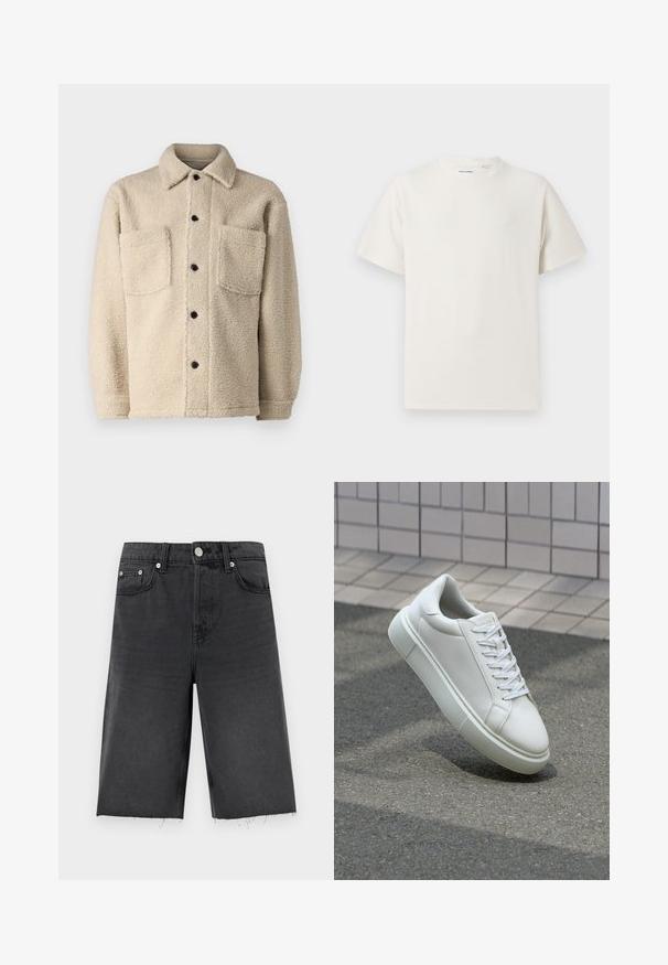Beige jakke med fleecefleece, krave, to frontlommer og sorte knaplukninger. Tekstiler med synlige sømdetaljer.; Hvid kortærmet T-shirt i ribbet tekstur. Rund halsudskæring, løs pasform, ingen synlige mønstre eller accenter. Enkel og alsidig design.; Sorte denim shorts med lige snit, der har en let trådet kant, bæltestropper, fem lommer og sølvfarvede knapper.; Hvide lædersneakers med en glat overflade, rund tå og flade hvide snørebånd. Har en tekstureret gummisål og minimalt design.