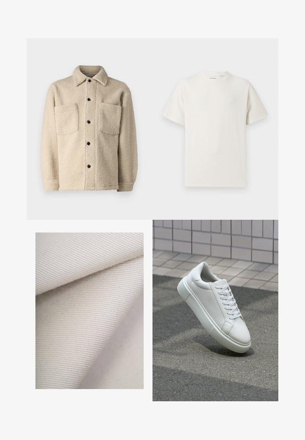 Beige, fleece-lined jacket with a collar, two front pockets, and black button closures. Textured fabric with visible stitching detail.; White short-sleeve T-shirt in a ribbed texture. Round neckline, relaxed fit, no visible patterns or accents. Simple and versatile design.; Beige canvas fabric folded to show texture and weave. The surface is smooth with a subtle sheen, suited for textiles or upholstery.; White leather sneaker with a smooth surface, round toe, and flat white laces. Features a textured rubber sole and minimal design elements.
