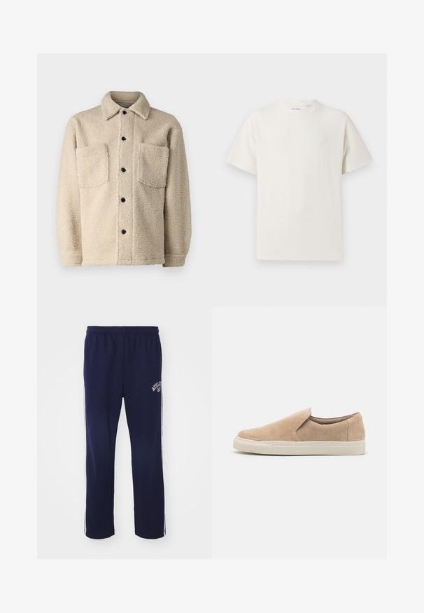 Beige, fleecegefütterte Jacke mit Kragen, zwei Fronttaschen und schwarzen Knöpfen. Texturiertes Material mit sichtbaren Nähten.; Weißes T-Shirt mit kurzen Ärmeln in gerippter Textur. Runder Ausschnitt, lockere Passform, keine sichtbaren Muster oder Akzente. Einfaches und vielseitiges Design.; Navyblaue Sweatpants mit einem elastischen Bund, weißen Seitenstreifen und besticktem Text am linken Bein. Hergestellt aus weichem, atmungsaktivem Material.; Beige Slipper aus Wildleder mit runder Zehenpartie, elastischen Seiten und einer weißen Gummisohle mit strukturierten Akzenten.