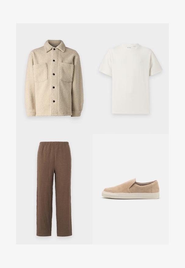 Beige, fleece-lined jacket with a collar, two front pockets, and black button closures. Textured fabric with visible stitching detail.; White short-sleeve T-shirt in a ribbed texture. Round neckline, relaxed fit, no visible patterns or accents. Simple and versatile design.; Brown linen trousers with a relaxed fit, featuring a stretchy elastic waistband and straight legs, smooth texture, and minimal detailing.; Beige slip-on shoe made of suede, featuring a rounded toe, elastic side, and a white rubber sole with textured accents.