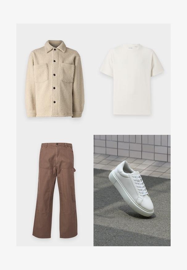 Beige, fleece-lined jacket with a collar, two front pockets, and black button closures. Textured fabric with visible stitching detail.; White short-sleeve T-shirt in a ribbed texture. Round neckline, relaxed fit, no visible patterns or accents. Simple and versatile design.; Brown cotton cargo pants featuring a relaxed fit, side pockets, and large knee patches for added durability and style.; White leather sneaker with a smooth surface, round toe, and flat white laces. Features a textured rubber sole and minimal design elements.