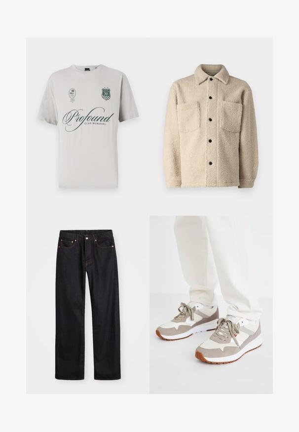 Beige jakke med fleecefleece, krave, to frontlommer og sorte knaplukninger. Tekstiler med synlige sømdetaljer.; Lysgrå bomulds t-shirt med korte ærmer, der har teksten "Profound" i mørkegrøn, et skjoldlogo og dekorative lapper.; Mænds lige ben sorte denim jeans med fem lommer og orange syninger, knap- og lynlåslukning foran på taljen.; Beige og grå sneakers med en blanding af ruskind og mesh materialer. Har en hvid mellemsål og en gummimaterialesål. Standard snørebåndsdesign.