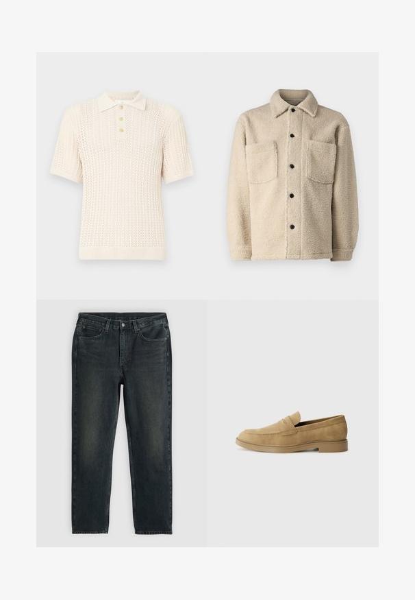 Beige bunda s fleecovou podšívkou, s límcem, dvěma předními kapsami a černými knoflíky. Texturovaná látka s viditelným prošíváním.; Polo tričko s krátkým rukávem v světle krémové barvě, s texturovaným pleteným vzorem, žebrovaným límečkem a knoflíkovou légou se čtyřmi knoflíky.; Tmavě modré džíny z denimu se střihy rovnými nohavicemi, obsahující pět kapes, zipový pas a kontrastní šití. Jemné blednutí na látce.; Béžové semišové mokasíny s kulatou špičkou, nízkým blokovým podpatkem a prošíváním na svršku. Hladký povrch a minimalistický design.