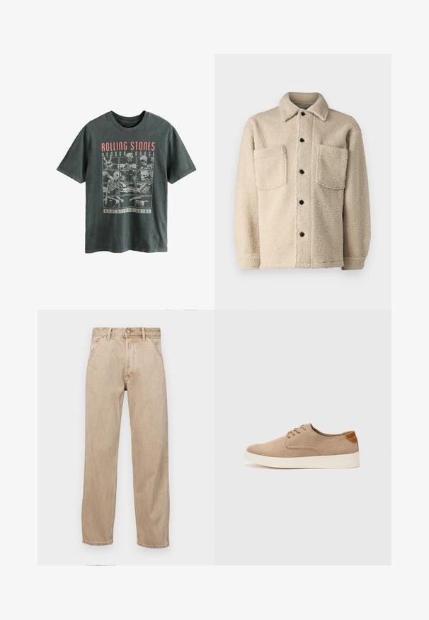 Beige, fleecegefütterte Jacke mit Kragen, zwei Fronttaschen und schwarzen Knöpfen. Texturiertes Material mit sichtbaren Nähten.; Next LICENSE REGULAR - T-Shirt print - grey rolling stones; Beige Denim-Jeans mit geradem Beinschnitt, ausgestattet mit Vordertaschen, einem Metallknopfverschluss und feiner Textur.; Beige Wildleder-Sneaker mit runder Zehenpartie, Schnürung und strukturiertem Rückenteil. Die weiße Gummisohle sorgt für einen Kontrast. Einfaches und modernes Design.