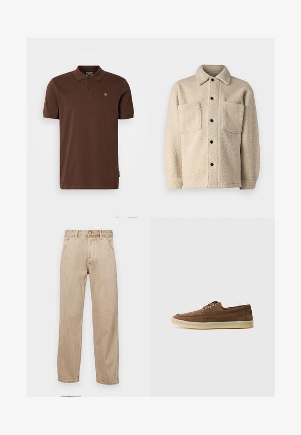 Šviesiai rudas, vilnos pamušalu striukė su apykakle, dviem priekinėm kišenėm ir juodais sagomis. Teksūruotas audinys su matomais siuvimo detalėmis.; Ruda polo marškinėliai pagaminti iš medvilnės, su trumpomis rankovėmis, trijų mygtukų užsegimu ir mažu geltonu logotipu ant krūtinės. Paprastas dizainas.; Smėlio spalvos džinsai su tiesia kojų siluetu, turintys priekinę kišenę, metalinį mygtuką ir subtilią tekstūrą.; Rudos zomšos batai su žemu profiliu, raišteliais, guminiais padu ir kontrastingomis siūlėmis. Paprastas ir funkcionalus stilius.