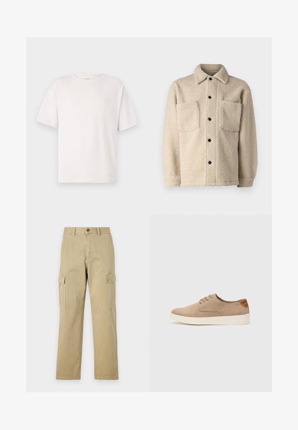 Beige, fleece'iga voodriga jakk, millel on kaelus, kaks esipoolset taskut ja mustad nupud. Tekstureeritud kangas nähtava õmbluse detailiga.; Valge lühikeste varrukate ja pehmest puuvillast t-särk. Omab ümmargust kaelust ja mugavat lõiget. Sile tekstuur, ilma mustrite või aksessuaarideta.; Beige cargos, mis on valmistatud puuvillast, sisaldavad kahte küljetaskut, nööbiga sulgemist ja sirgeid jalgu, millel on kergelt tekstureeritud kangas.; Beežid nahast tossud ümarate varvastega, paeltega esiosa ja tekstuuriga tagakontuuriga. Valge kummist tallapakkumine loob kontrasti. Lihtne ja kaasaegne disain.