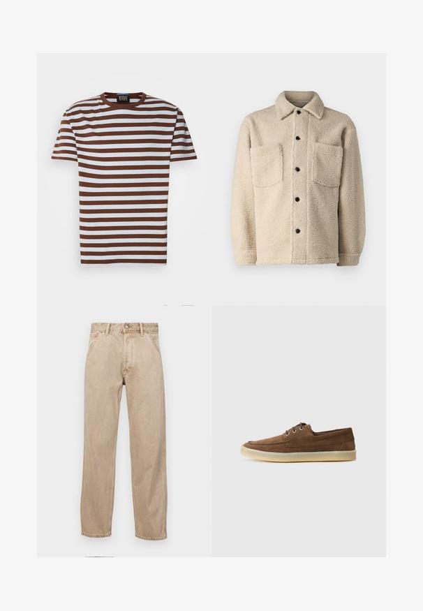 Bežs, flīsa oderēts mētelis ar apkakli, divām priekšējām kabatām un melniem pogu aizdariem. Strukturēta auduma ar redzamām šuvēm detaļām.; Brūni un balti svītrota T-kreklu ar apaļu kakla izgriezumu, īsām piedurknēm un ribotu tekstūru. Uz kakla izgriezuma redzama etiķete.; Beige džinsi ar taisnu kāju dizainu, ar priekšējiem kabatām, metāla pogu aizdari un smalku faktūru.; Brūni zamša apavi ar zemu profilu, auklētu dizainu, gumijas zoli un kontrastējošiem šuvumiem. Vienkāršs un funkcionāls stils.