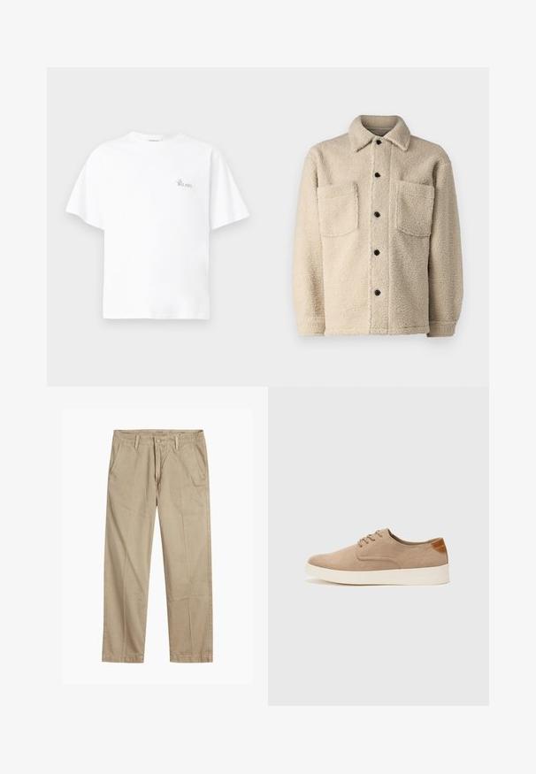 Beige, fleece-lined jacket with a collar, two front pockets, and black button closures. Textured fabric with visible stitching detail.; White cotton T-shirt with a relaxed fit, round neck, short sleeves, and a small "La Bellavista" logo embroidered on the chest.; Beige straight-leg chinos with belt loops, front button and zipper closure, and slant front pockets.; Beige suede sneakers with a rounded toe, lace-up front, and a textured back accent. White rubber sole provides contrast. Simple and modern design.