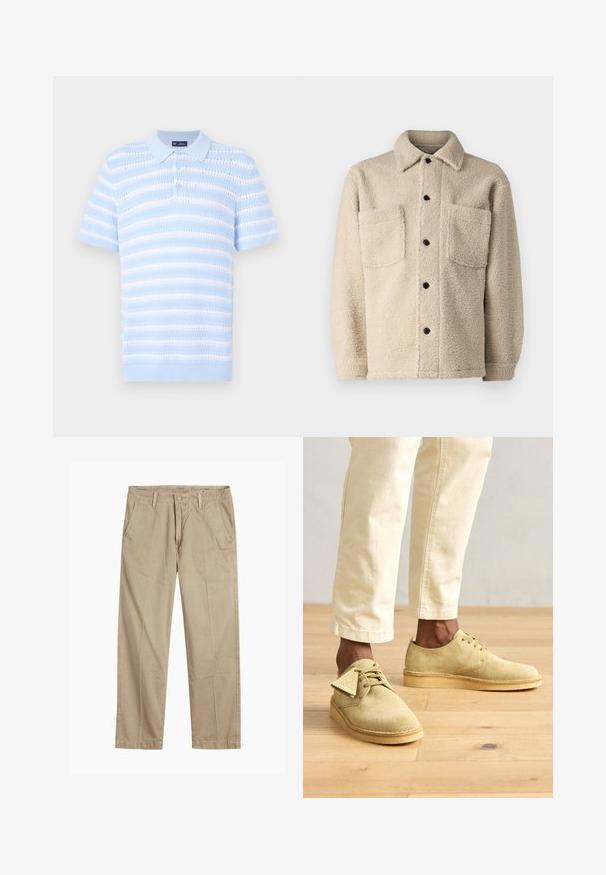 Beige jakke med fleecefleece, krave, to frontlommer og sorte knaplukninger. Tekstiler med synlige sømdetaljer.; Lyseblå polo t-shirt med korte ærmer, prydet med horisontale striber og tekstureret mønster. Knaplukning og ribbet kravedetalje.; Beige lige ben chinos med bæltestropper, frontknap og lynlås lukning samt skrå frontlommer.; Lysgule ruskindsko med rund tå og lav profil, der har snørebånd og gummisål, parret med cremede bukser.