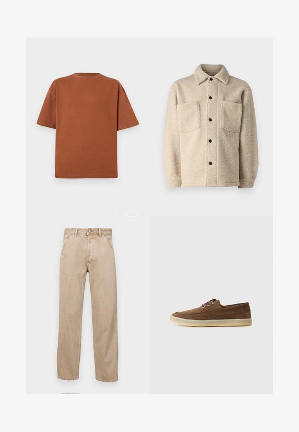 Μπέζ ζακέτα με επένδυση από φλις, κολάρο, δύο μπροστινές τσέπες και μαύρους κουμπιά κλεισίματος. Υφασμάτινη επιφάνεια με ορατές ραφές.; Καφέ βαμβακερό μπλουζάκι με στρογγυλή λαιμόκοψη, κοντά μανίκια και άνετη εφαρμογή. Το ύφασμα έχει μαλακή υφή και ελάχιστες ραφές.; Μπέζ τζιν παντελόνι με ίσια γραμμή, που διαθέτει μπροστινές τσέπες, μεταλλικό κούμπωμα και διακριτή υφή.; Καφέ σουέτ παπούτσια με χαμηλό προφίλ, σχέδιο με κορδόνια, καουτσούκ σόλα και αντιθέτου ραφές λεπτομέρειες. Απλή και λειτουργική στυλ.