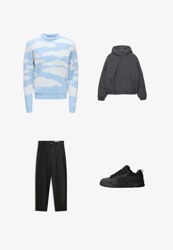 Grijze pufferjack met een capuchon, sluiting met ritssluiting aan de voorkant en twee ritszakken. Bevat elastische manchetten en een cropped zoomdesign.; Lichtblauwe trui met een gestructureerde breiwijze en een wolkenpatroon in het wit. Ronde halslijn en geribbelde mouwen en onderrand.; Zwarte katoenen broeken met een losse pasvorm, voorzien van een klassieke tailleband, voorplooien en zijzakken. Gladde structuur zonder patronen.; Zwarte sneakers met een gestructureerde bovenkant, voorzien van veters, mesh-details voor ademend vermogen, een gevoerd kraagje en een stevige zool.