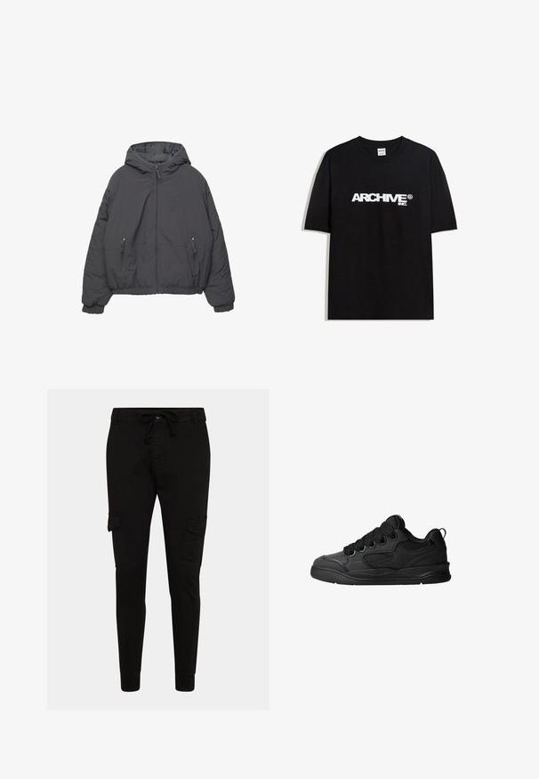 Siva pufasta jakna s kapuco, spredaj na zadrgo, ter dvema žepoma z zadrgo. Ima elastične manšete in zasnovo skrajšanega roba.; Črna bombažna majica s kratkimi rokavi z belim logotipom "ARCHIVE inc." čez prsa in okroglo ovratnikom.; Črne cargo hlače z elastičnim pasom, ožji kroj, dvema stranskima žepoma in dvema cargo žepoma. Narejene iz enobarvnega blaga, gladke teksture.; Črne superge z teksturiranim zgornjim delom, opremljene z vezalkami, mrežastimi dodatki za zračnost, oblazinjenim ovratnikom in trdnim podplatom.