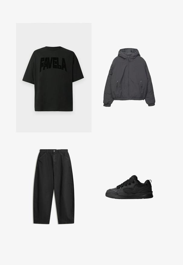 Šedá péřová bunda s kapucí, předním zipem a dvěma kapsami se zipem. Má elastické manžety a zkrácený lem.; Černé bavlněné tričko s velkým, texturovaným nápisem "FAVELA" na přední straně. Krátké rukávy, uvolněný střih, kulatý výstřih, minimalistický design.; Černé kalhoty s širokými nohavicemi vyrobené z bavlny, s vysokým pasem, předními kapsami a jemnými švy. Hladký povrch bez vzorů.; Černé tenisky s texturovaným svrškem, obsahující šněrování, síťované detaily pro prodyšnost, polstrovaný límec a pevnou podrážku.