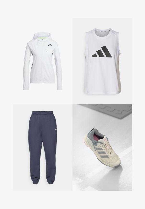White zip-up jacket with a hood, made of lightweight material. Features black accents and a chest pocket. Includes ventilation holes on sleeves.; White sleeveless athletic top with round neckline, featuring a large black Adidas logo composed of three stripes on the front.; Navy blue sweatpants made of soft material; features an elastic waistband and cuffs, with a small label on the side.; Beige athletic shoe with gray accents, mesh upper, and a textured sole. Features three gray stripes and pink interior details.