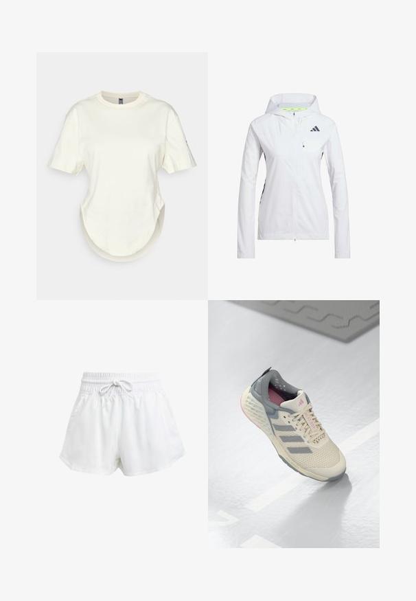 Chaqueta blanca con cremallera y capucha, hecha de un material ligero. Presenta acentos negros y un bolsillo en el pecho. Incluye agujeros de ventilación en las mangas.; Camiseta de color crema hecha de algodón, con mangas cortas, dobladillo redondeado y un corte holgado con un detalle de diseño en capas en la parte inferior.; Pantalones cortos deportivos blancos con cintura elástica y cordón ajustable. Hechos de material ligero, cuentan con bolsillos laterales y un corte holgado.; Zapatilla deportiva beige con acentos grises, parte superior de malla y suela texturizada. Cuenta con tres rayas grises y detalles interiores en rosa.