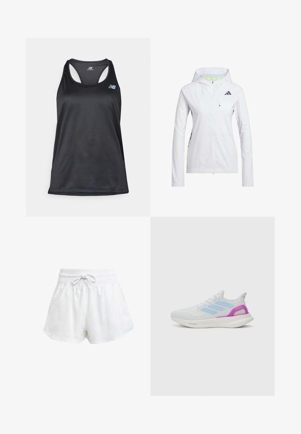 Witte ritsjack met kap, gemaakt van lichtgewicht materiaal. Voorzien van zwarte accenten en een borstzak. Inclusief ventilatiegaten op de mouwen.; Zwarte sportieve tanktop gemaakt van lichtgewicht stof, met een racerback-ontwerp, platte naden, en het New Balance-logo in grijs op de bovenste linkerkant.; Witte sportieve shorts met een elastische tailleband en verstelbaar trekkoord. Gemaakt van lichtgewicht materiaal, met zijzakken en een losse pasvorm.; adidas Performance PUREBOOST 5 - Hardloopschoenen voor op de weg - white/glow blue/purple burst