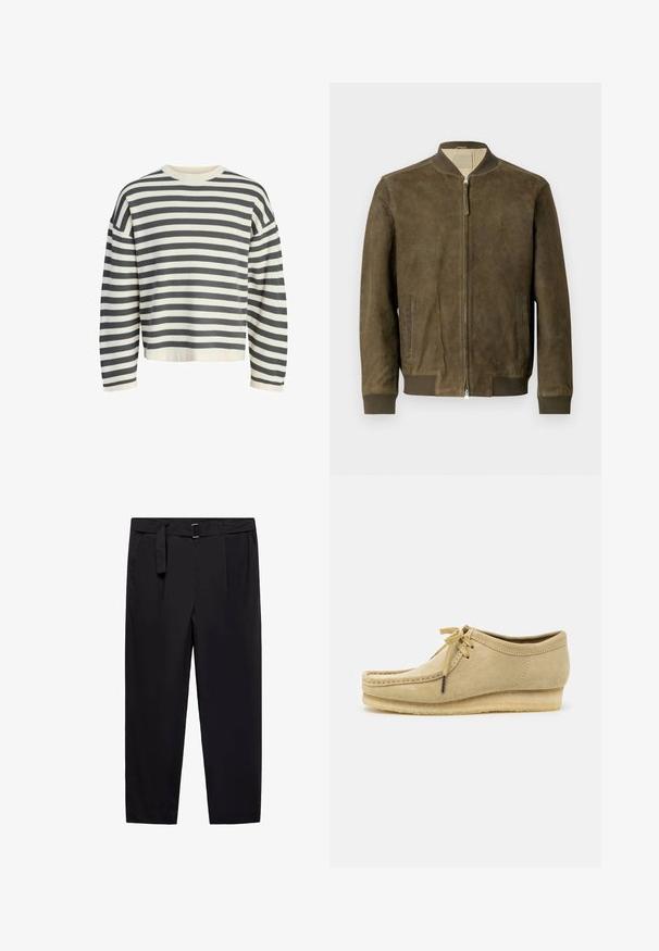 Brązowa skórzana kurtka bomberka z zapięciem na zamek, ściągaczami na mankietach i bocznymi kieszeniami. Charakteryzuje się gładką powierzchnią i subtelnym logo na klatce piersiowej.; Sweter w paski w kolorze kremowym i ciemnoszarym, z prążkowanym okrągłym dekoltem, długimi rękawami oraz luźnym krojem i skróconym dołem.; Czarne spodnie o prostym kroju, z szlufkami na pasek i odpinanym paskiem. Gładki materiał z bocznymi kieszeniami i bez widocznych wzorów lub elementów metalowych.; Beżowe zamszowe buty z sznurowaniem, przeszyciami i gumową podeszwą. Kształt jest casualowy z lekkim obcasem na poziomie.