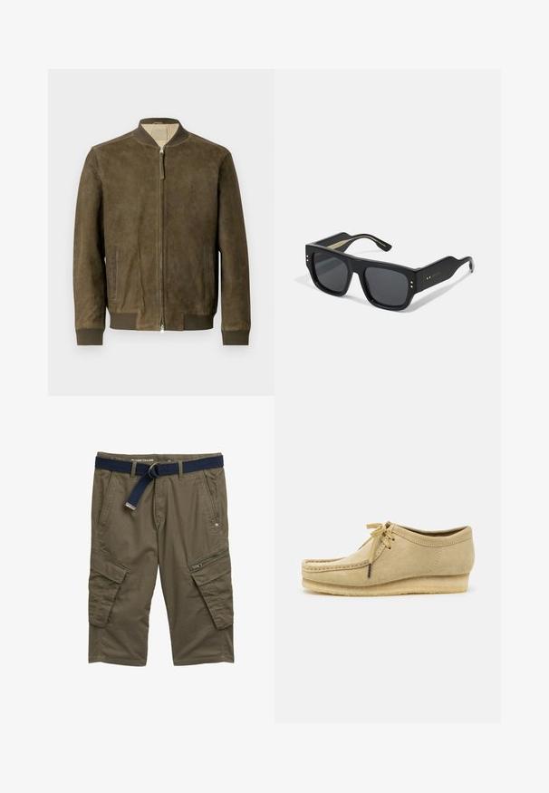 Braune Lederbomberjacke mit Reißverschluss, gerippten Bündchen und seitlichen Taschen. Hat eine glatte Textur und dezente Markenkennzeichnung auf der Brust.; Weißes Baumwoll-T-Shirt mit kurzen Ärmeln, rundem Ausschnitt und geradem Schnitt. Glatte Textur ohne sichtbare Muster oder Akzente.; Olivgrüne Cargo-Shorts aus Baumwolle mit einem marineblauen Gürtel, ausgestattet mit mehreren Taschen, einer Reißverschlusstasche und einer strukturierten Oberfläche.; Beige Wildlederschuh mit Schnürdesign, gestickten Details und Gummisohle. Die Form ist lässig mit einem leichten Keilabsatz.; Schwarze Sonnenbrille mit dicken, quadratischen Kunststoffrahmen und getönten Gläsern. Verfügt über goldene Hardware-Akzente an den Schläfen und eine matte Oberfläche.