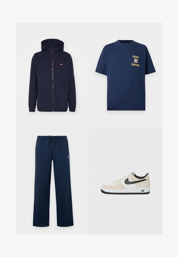 Ναυτική ελαφριά ζακέτα με κουκούλα, μπροστά φερμουάρ, ελαστικούς καρπούς και στρίφωμα. Διαθέτει ένα μικρό κόκκινο και κίτρινο λογότυπο στο αριστερό στήθος.; Σκούρο μπλε βαμβακερό T-shirt με κοντά μανίκια, με χρυσό κείμενο "Carhartt University" και λογότυπο ραμμένο στο αριστερό στήθος.; Μπλε σιδηρόδρομοι με ελαστική ζώνη μέσης, κλείσιμο με κορδόνι, πλευρικές ραφές και ένα μικρό λευκό λογότυπο στο επάνω αριστερό πόδι.; Αθλητικά παπούτσια με ανοιχτό μπεζ σουέτ και λευκό δέρμα στην πάνω μεριά, μαύρο σήμα Nike, μαύρες λεπτομέρειες και λευκή καουτσούκ σόλα που φέρει την επωνυμία "AIR".