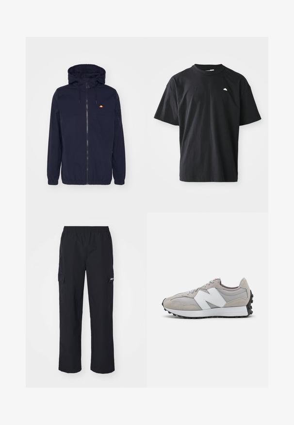 Marinefarbene leichte Jacke mit Kapuze, frontalem Reißverschluss, elastischen Bündchen und Saum. Mit einem kleinen roten und gelben Logo auf der linken Brust.; Schwarzes Baumwoll-T-Shirt mit lockerem Schnitt, kurzen Ärmeln, Rundhalsausschnitt und einem kleinen weißen Logoakzent auf der Brust. Glatte Textur.; Ellesse TERATILO - Cargohose - black; Graue Sneaker aus Mesh und Wildleder, mit einem weißen Seitenlogo, grauen Schnürsenkeln und einer schwarzen Gummisohle.