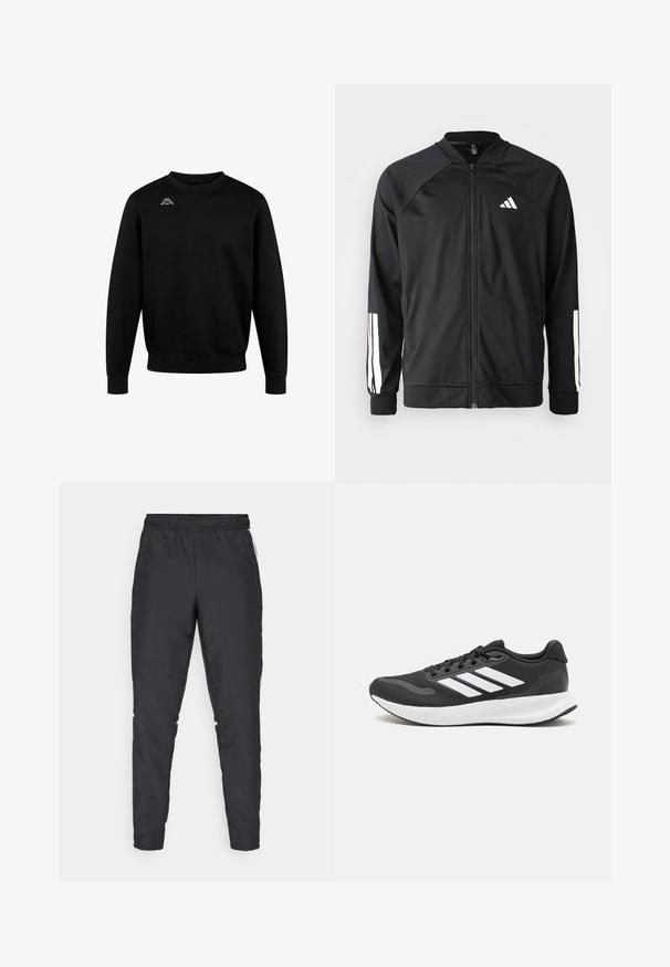 Melna sporta jaka ar priekšējo rāvējslēdzēju, raglanu piedurknēm, baltu Adidas logo un baltām svītrām uz piedurknēm. Gluda auduma sastāvs ar elastīgām aprocēm.; Melna kokvilnas sporta jakas, ar apaļu kaklu, garām piedurknēm un ribotām aprocēm, ar baltu logotipu kreisajā augšējā krūtīs.; Melnas sporta bikses ar elastīgu jostu, sašaurinātām kājām un baltām sānu akcentiem. Izgatavotas no sintētiska materiāla ar gludu tekstūru.; Melnas sporta kurpes ar elpojošu acs augšu, baltām akcentiem un mīkstu zoli. Sānā ir trīs svītru logo.