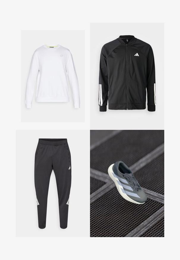 Čierna športová bunda s predným zipsom, raglánovými rukávmi, bielym logom Adidas a bielymi pruhmi na rukávoch. Hladká tkanina s elastickými manžetami.; Biely sveter s dlhými rukávmi, okrúhlym výstrihom a rebrovanými manžetami. Obsahuje jemné geometrické logo na hrudi. Hladká textúra.; Čierne športové nohavice so zúženými nohavicami, elastickým pásom, bočnými vreckami a bielym logom a pruhmi. Vyrobené z hladkého, ľahkého materiálu.; Športová obuv v šedej a bielej farbe, vyrobená z umelých materiálov, s aerodynamickým dizajnom, textúrovaným povrchom a výrazným šnurovacím systémom.