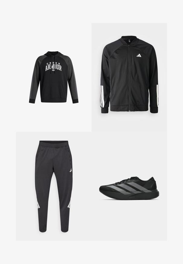 Black athletic jacket with a front zipper, raglan sleeves, white Adidas logo, and white stripes on sleeves. Smooth fabric with elastic cuffs.; Black hooded sweatshirt featuring a front kangaroo pocket, gray accents on the sleeves, and "UNDER ARMOUR" text in white across the chest.; Black athletic pants with tapered legs, elastic waistband, side pockets, and white logo and stripes detailing. Made from a smooth, lightweight material.; Black athletic shoes with a lightweight design, featuring three prominent gray stripes, a smooth texture, and a contoured sole.
