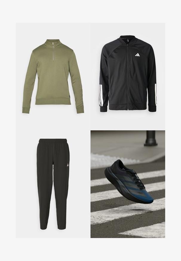 Mustar mustreeritud spordijakk, millel on ees lukuga taskud, raglanvarrukad, valge Adidas logo ja valged triibud varrukatel. Sile kangas elastsete mansettidega.; Oliivroheline pullover-sweater kõrge kaelusega ja poolelt tõmmatava lukuga. Omab pikki varrukaid ja soonikuid, valmistatud pehmest kangast.; Mustavad spordipüksid elastse vöökoha, kitsas lõige ja valge logo vasakul jalal. Sile, kerge kangas.; Must ja sinine spordijalats voolava disainiga, millel on tekstureeritud üliskihiga, kontrastsed triibud ja pehme tallaga, hõljumas asfaldipinna kohal.